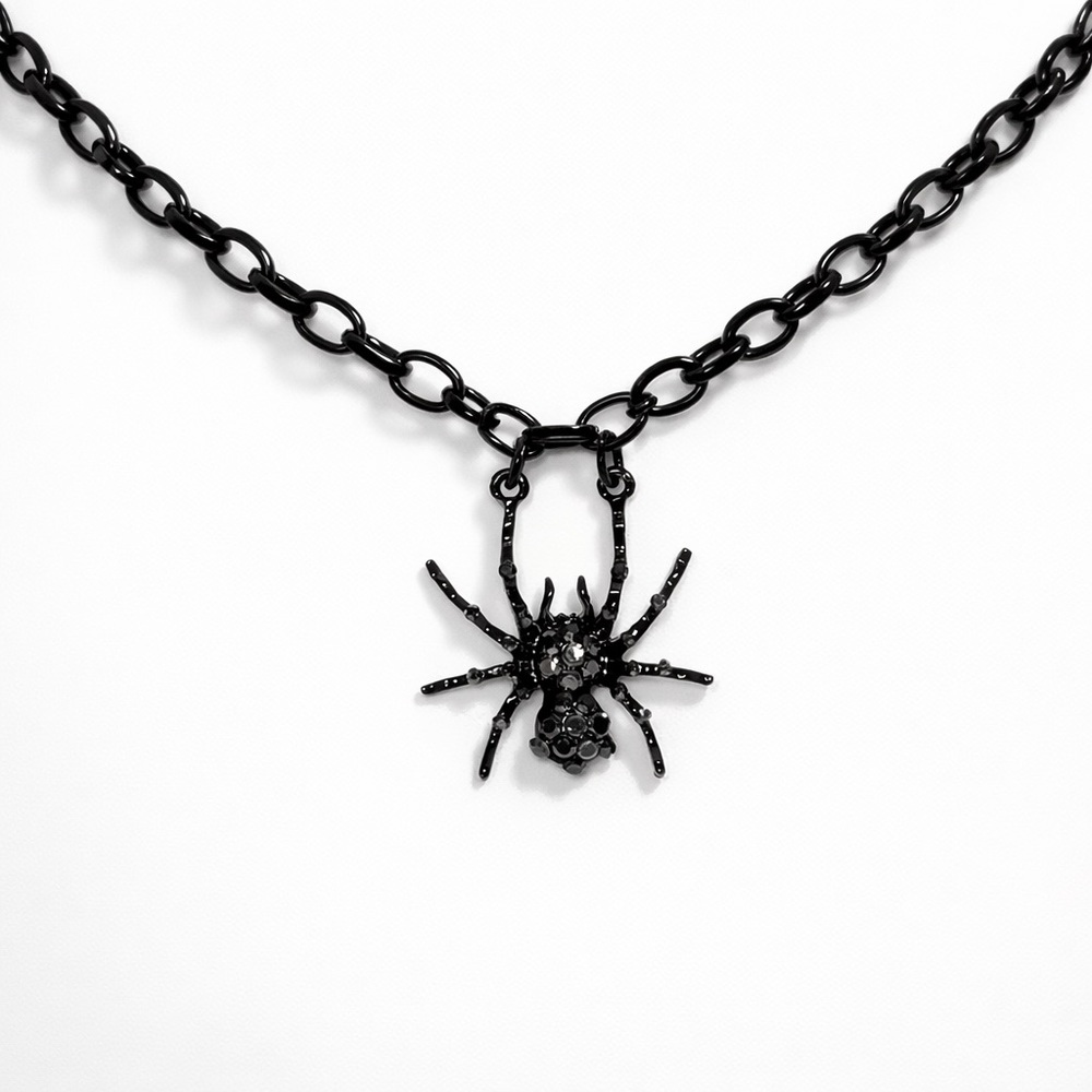 ⚜️ Black Punk Spider Pendant Necklace With Black Gems 🕷️